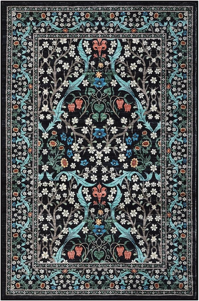 GarveeHome Floral 3x5 Area Rugs for Entryway, Washable Kitchen Rug Non Slip, Low Pile Bedroom Rug, Ultra Soft Stain Resistant Small Carpet for Laundry Room, Black