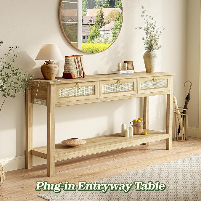 SUPERJARE Rattan Console Sofa Table with Outlets and USB-C Port, 3 Drawer Entryway Table with Synthetic Rattan Surface, 53.9 Inch, Open Shelf, Behind Couch Entry Foyer Hallway Storage, Natural