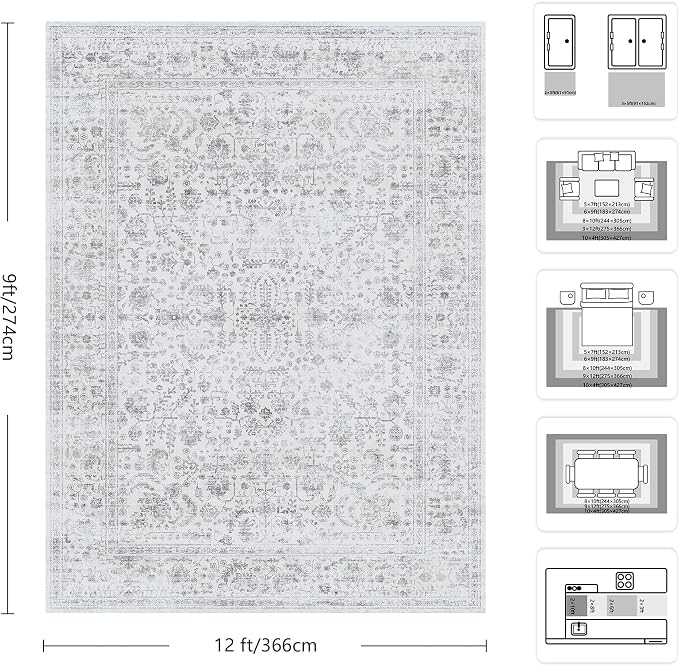 9x12 Area Rugs for Living Room, Washable Vintage Retro Floral Rug, Low Pile Non Slip Distressed Large Carpet for Bedroom, Dining Room, Office, Home (Grey)
