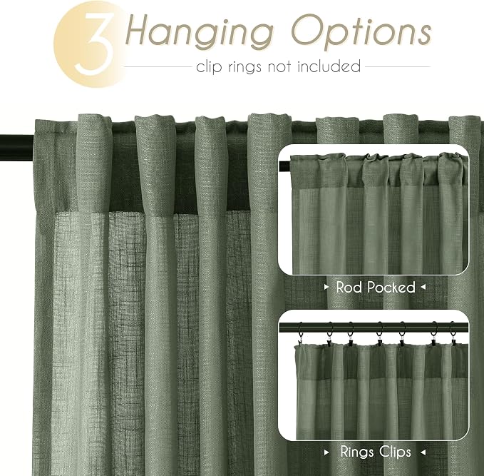 Olive Green Curtains 120 inch Length 2 Panels for Bedroom Back Tab Light Filtering Semi Sheer Drapes Linen Cotton Textured Airy Modern Farmhouse Living Room Sage Aesthetic Decor 52x120