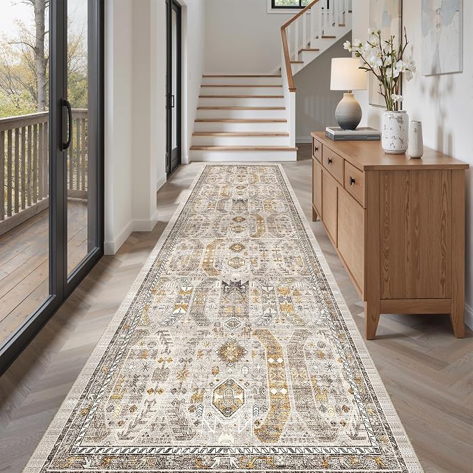 Madane Hallway Runner Rug 3x10 Washable Kitchen Runners 10ft, Brown/Gold | Vintage Non-Slip Entryway Area Rugs Indoor, Low-Pile Farmhouse Wide Floor Carpet for Bathroom Living Room Bedroom