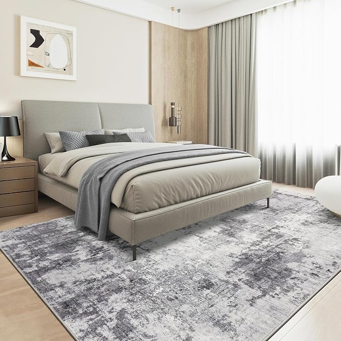 Abstract 5x7 Area Rug: Machine Washable Non Slip Ultra Thin Low-Pile Carpet, Soft Stain Resistant for Living Room Bedroom Nursery, Kid Pet Friendly, Robot Vacuum Compatible - Grey