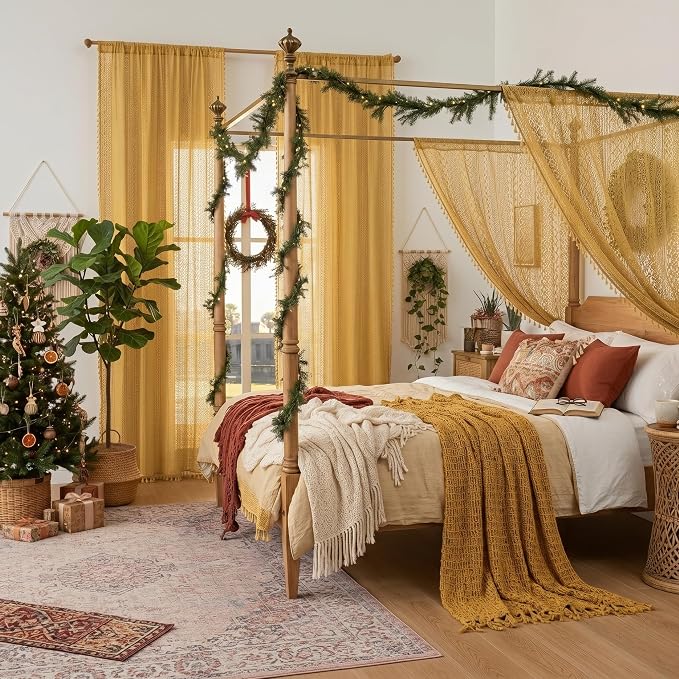 WAZZIO Boho Lace Curtains 72 Inches 2 Panel,Light Filtering Privacy Tassel & Geometry Crochet Semi Sheer Curtain Drapes for Bedroom Living Dining Room,Rod Pocket & Tassel,Mustard Yellow