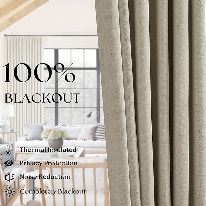 Greyish Beige Black Out Curtains 63 Inch Long for Bedroom Pinch Pleated with Rings Hooks Back Tab Thermal Insulated Short Linen Blackout Drapes Farmhouse Living Room Darkening Kitchen Curtains