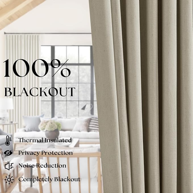 Greyish Beige Linen Blackout Curtains 45 Inch Length 2 Panels Pinch Pleated Back Tab Short Curtains for Kitchen with 100% Blackout Liner Neutral Farmhouse Drapes for Basement Thermal Insulated Drape