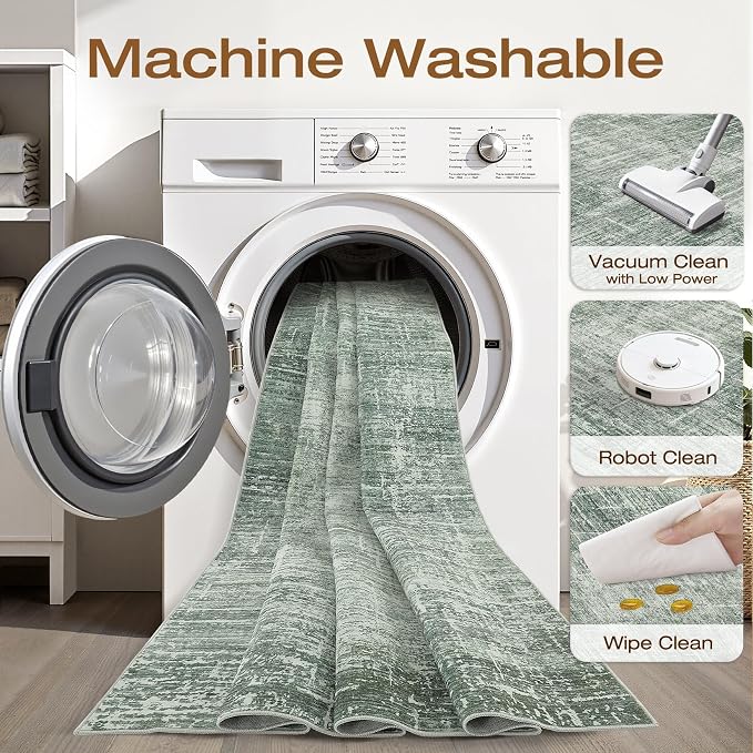 8x10 Area Rugs Living Room: Washable Large Neutral Rug Abstract Soft Modern Stain Resistant Indoor Floor Non-Slip Carpet for Bedroom Nursery Kids Office Playroom Dining Room Under Table- Dark Green