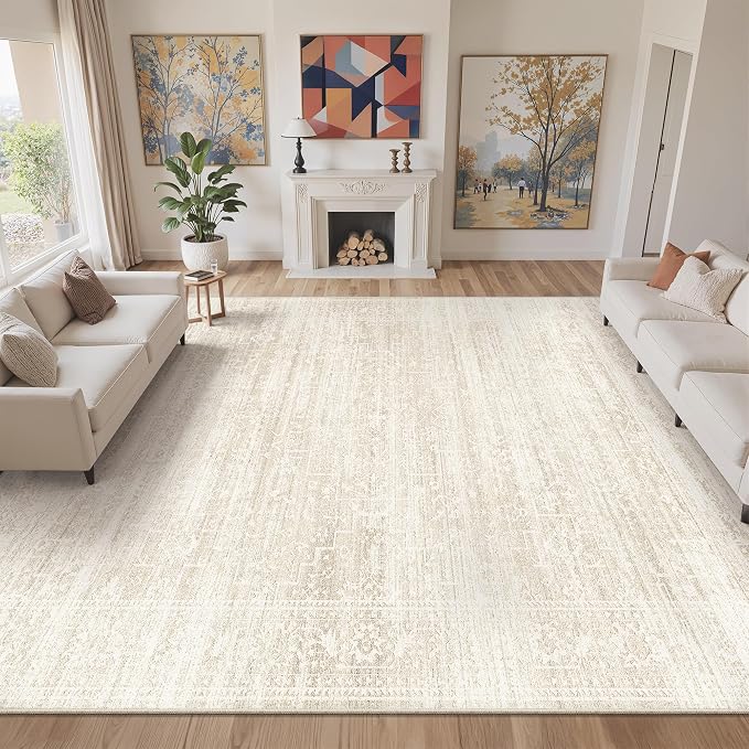 Soalmost 9x12 Area Rugs for Living Room, Washable Soft Rug Beige/Cream | Non-Slip Low Pile Natural Vintage Floral Rug Throw Carpet for Dining Room Bedroom Home Office Nursery 9'x12'