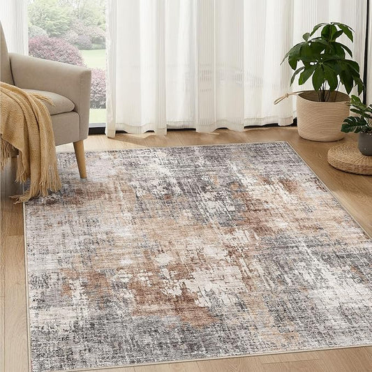 DMOYEST Square Area Rug Living Room Rugs - 6x6 Washable Large Soft Indoor Neutral Modern Abstract Low Pile Rug Carpet for Bedroom Dining Room Farmhouse Home Office - Grey Brown