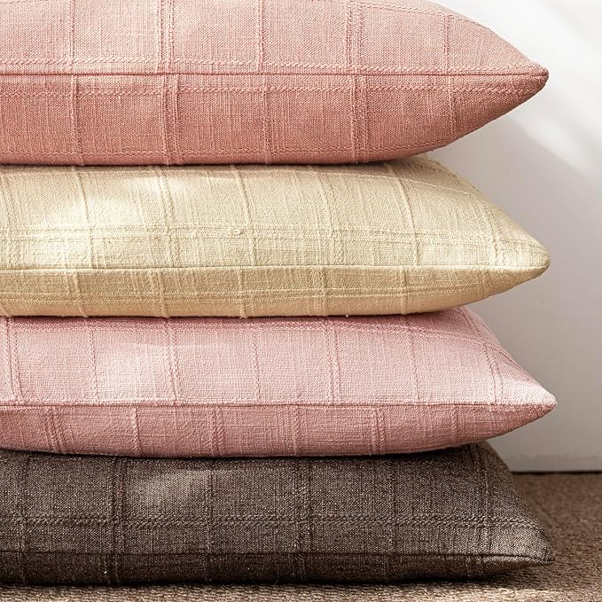 Foindtower Set of 2 Decorative Linen Check Throw Pillow Covers Neutral Farmhouse Vintage Cushion Covers Modern Boho Accent Home Decor for Sofa Chair Couch Bedroom Living Room,26×26 Inch,Light Pink