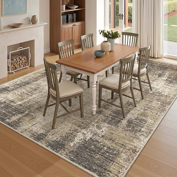 Valenrug Washable Rugs 6x9 - Ultra Thin Stain Resistant 6x9 Rugs for Living Room, Non Slip Backing 0.25" Low Pile Abstract Rugs for Bedroom, Folable Machine Washable Area Rug(6'x9', Taupe)