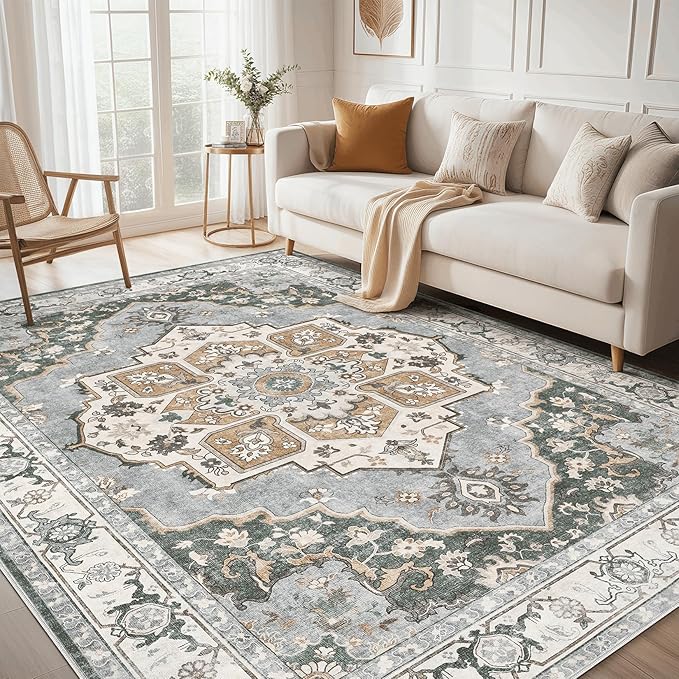 5x7 Washable Area Rug: Vintage Neutral Soft Non Slip Thin Large Floor Carpet for Living Room Bedroom Kitchen Dining Room Home Office Farmhouse Indoor - Green