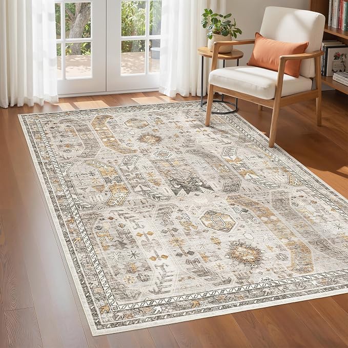 befbee 4x6 Rugs for Living Room Bedroom,Non-Slip Washable Rug,Stain Resistant Lightweight Area Rugs for Dining Room,Ultra-Thin Indoor Floor Carpet (Brown/Gold, 4'x6')