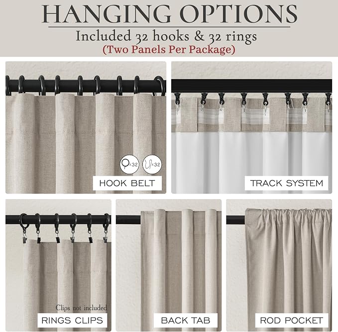 Grayish Flax Linen Blend Black Out Curtains 95 Inch Long for Living Room 2 Panels Set, Elegant Room Darkening Insulated Boho Window Drapes Bedroom Floor to Ceiling Traverse Track Light Tan(50"Wx95"L)