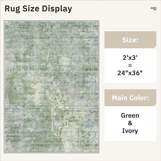 Soalmost 2x3 Abstract Washable Rugs for Kitchen, Floor, Entryway, Powder Room Small Area Rug Non-Slip Vintage Low Pile Throw Door Mat Green Ivory