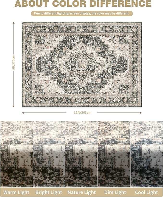 Roxstand 9x12 Washable Area Rug, Large Non Slip Rug, Black/Beige | Non-slip Backing, Low-Pile Carpet, Stain Resistant, Rugs for Living Room, Bedroom, Dining Room, Office
