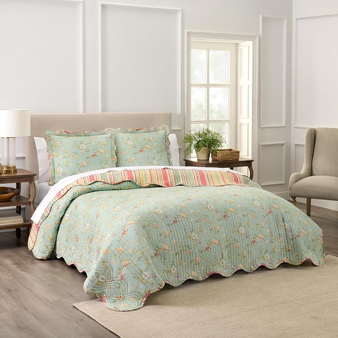 Waverly Garden Glitz Modern Farmhouse Floral 3-Piece Reversible Quilt Bedding Bed Spread Set, King/California King, Vapor