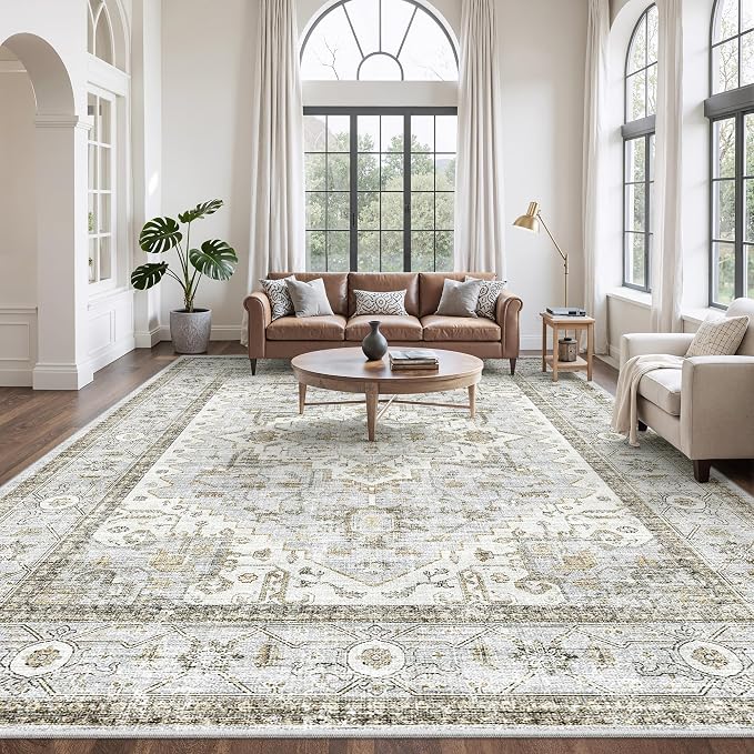 befbee Washable Rugs 10x14 Area Rugs for Living Room,Rugs for Bedroom,Ultra Soft Living Room Bedroom Large Carpe,Low Pile Vintage Print Rug for Home Office Decor (10'x 14',Blue＆Beige)