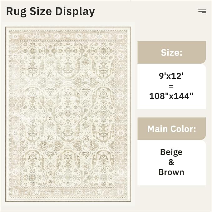 Soalmost 9x12 Area Rugs for Living Room, Non Slip Machine Washable Vintage Rugs, Low Pile Lightweight Large Rug for Bedroom, Dining Room, Home Office Beige/Brown