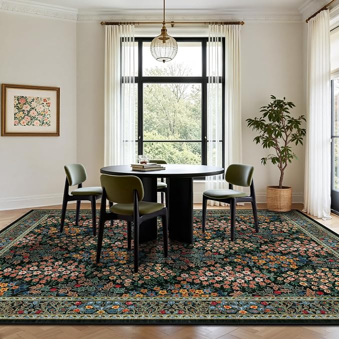 8x10 Area Rugs, Machine Washable Low Pile Floral Rugs for Living Room, Bedroom, Large Boho Area Rug with Non-Slip Backing for Dining Room(Black Floral)