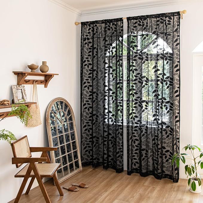 Treatmentex Black Lace Sheer Curtains for Bedroom Living Room 95 Inch Length Light Filtering Leaf Knitted Semi Sheer Window Curtains Elegant French Lace Curtains 54" w Pocket 8ft