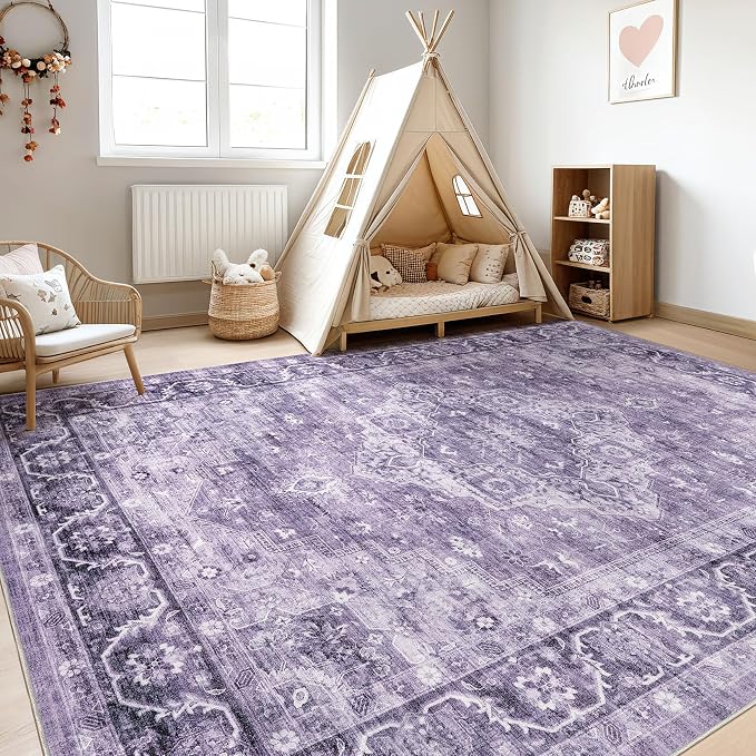 6x8 Area Rug Living Room: Washable Boho Large Neutral Vintage Soft Rug Stain Resistant Farmhouse Non-Slip Indoor Floor Carpet for Bedroom Nursery Kids Playroom Office Dining Room- Purple