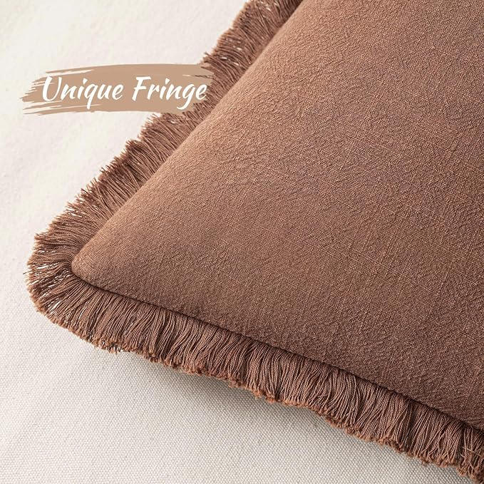 MIULEE Decorative Throw Pillow Covers Neutral Linen Fringe Throw Pillows Set of 2 Brick Boho Farmhouse Cushion Covers with Tassels for Couch Sofa Bed Living Room Fall Home Decor 20x20 Inch