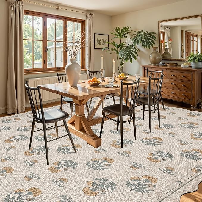 ORTIGIA Scalloped Easy Jute 8x10 Area Rug Vintage Yellow Floral Farmhouse Washable Rug Non-Slip Indoor Outdoor Carpet for Living Room Bedroom Patio Entryway