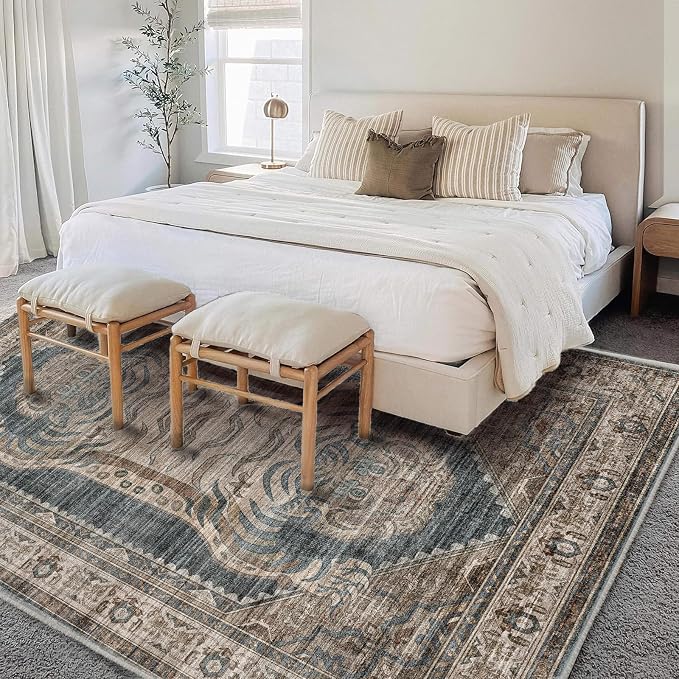 CHAMPLANT Area Rug 6'x9' Washable Vintage Traditional Floor Cover Thin Retro Kitchen Indoor Distressed Non Slip Carpet for Living Room Bedroom Dining Room