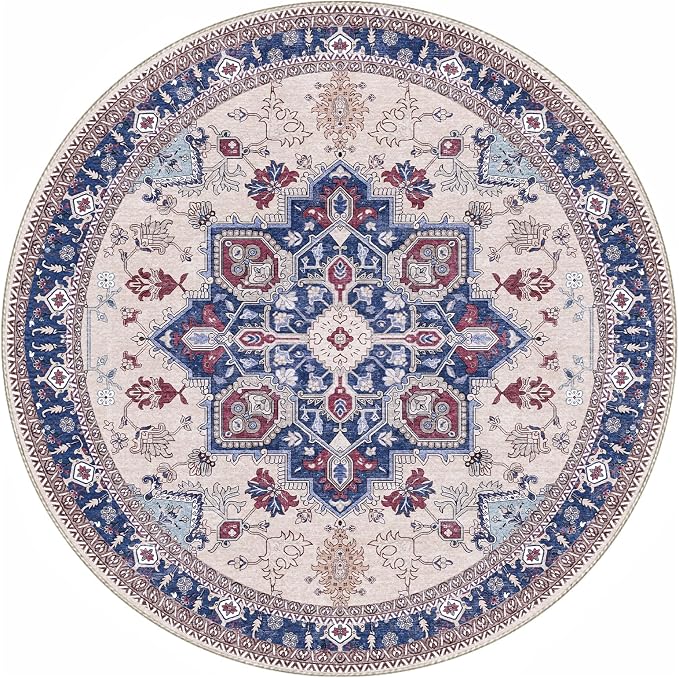 OPPODREAM Soft Round Rug 5ft, Washable Circle Rug 5ft with Non Slip Backing Play Room, Low-Pile Carpet 5 ft, Faux Cashmere Throw Carpet, Navy Blue & Red & Cream