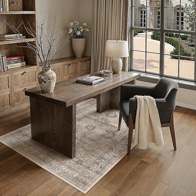 3x5 Washable Vintage Area Rug Brown Oriental Soft Entryway Throw Rug Neutral Non Slip Low Pile Small Carpet for Kitchen Bathroom Living Room Bedroom