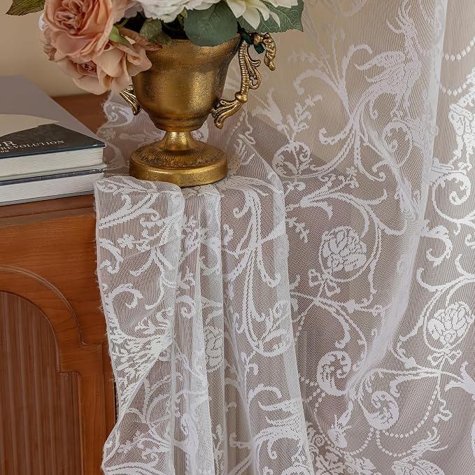 TUDECO White Lace Curtains 63 Inch Length - Victorian Sheer Voile Floral Curtains for Bedroom Nursery Elegant Ruffle Privacy Light Filtering 2 Panels Rod Pocket Window Decor, 59 x 63 Inch