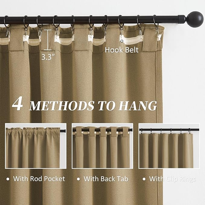 KEQIAOSUOCAI Burlap Linen Blackout Curtains 72 Inches Long, Back Tab Rod Pocket Hook Belt Natural Farmhouse Rustic Curtain Panels for French Door, 2 Panels,Camel, W50 x L72