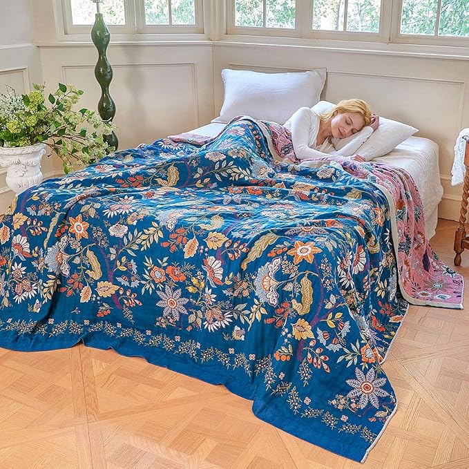 Boho Throw Blanket - 100% Cotton Ultra Soft Muslin Spring Blanket, 60"x80" Lightweight Floral Butterfly Framhouse Bedding Blanket for Bed, All Season Blue Bohemian Bedroom Home Decor Quilt
