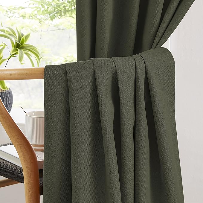 KEQIAOSUOCAI Dark Olive Green Blackout Curtains 102 Inches Long 2 Panels Set- Faux Linen Textured Black Out Thermal Insulated Noise Reduction Winodw Draper for Bedroom and Living Room 50x102-in