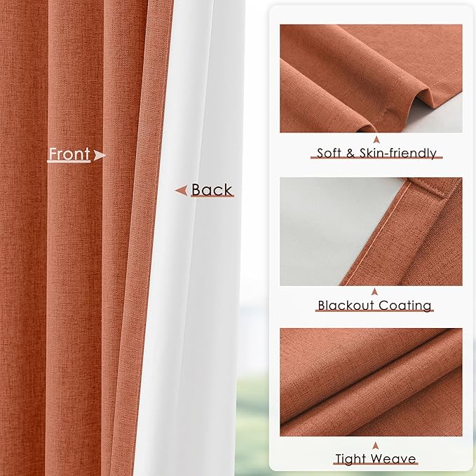 Blackout Curtains 45 Inch Long for Bedroom & Living Room Terracotta Pinch Pleat 100% Room Darkening Noise Reducing Thermal Insulated Linen Drapes, 2 Panels Set with Back Tab