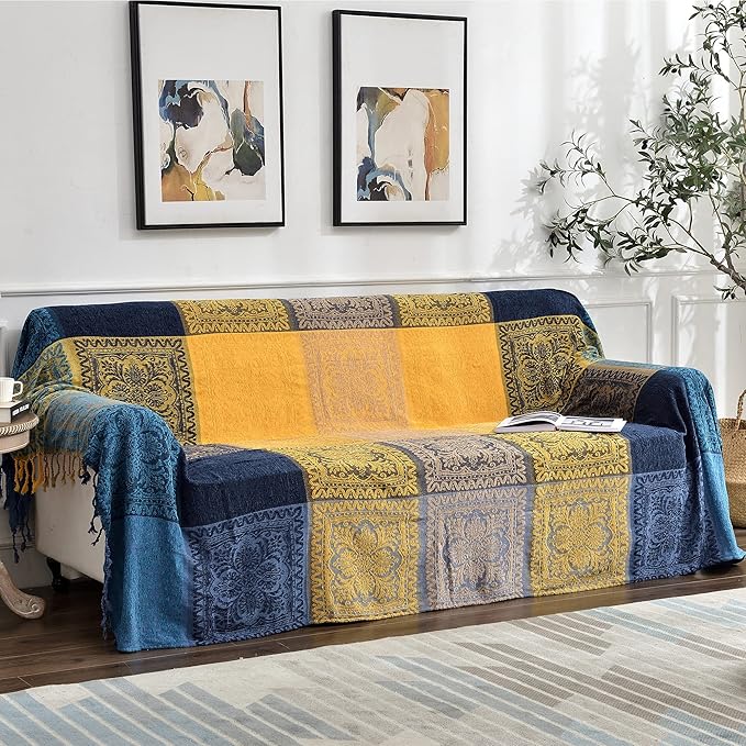 Bohemian Throw Blanket for Couch，Colorful Chenille Tassels Boho Woven Hippie Bed Blankets for Couch Sofa Chair Recliner Loveseat, Bohemian Fringe Tassels Decor Home (86" x 103")