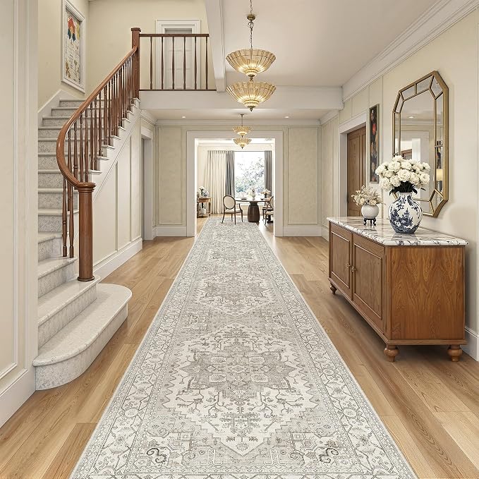 Madane Hallway Runner Rug 3x18 Washable Kitchen Runners 18ft, Beige/Brown | Vintage Non Slip Extra Long Area Rugs for Hallways, Soft Low-Pile Farmhouse Wide Floor Carpet for Entryway Bathroom Bedroom