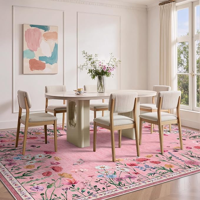 8x10 Area Rugs, Machine Washable Low Pile Floral Rugs for Living Room, Bedroom, Large Area Rug with Non-Slip Backing for Dining Room(Pink)