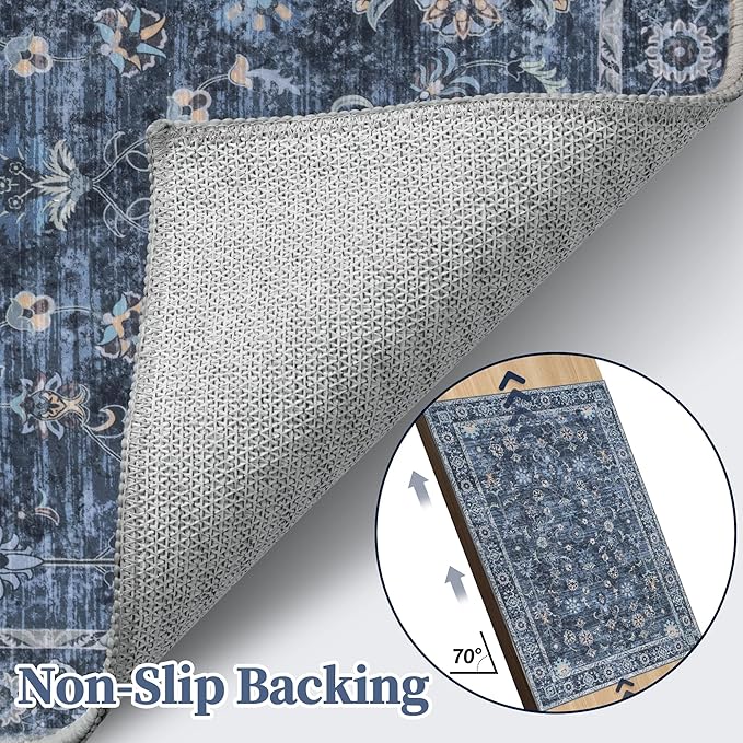 Tangsoo 3x10 Runner Rugs for Hallway Non Slip, Washable Long Rug Runner Boho Vintage Floral Rugs, Distressed Blue Black Soft Low Pile Indoor Runners for Entryway,Living Room,Kitchen,Kids&pets Friendly