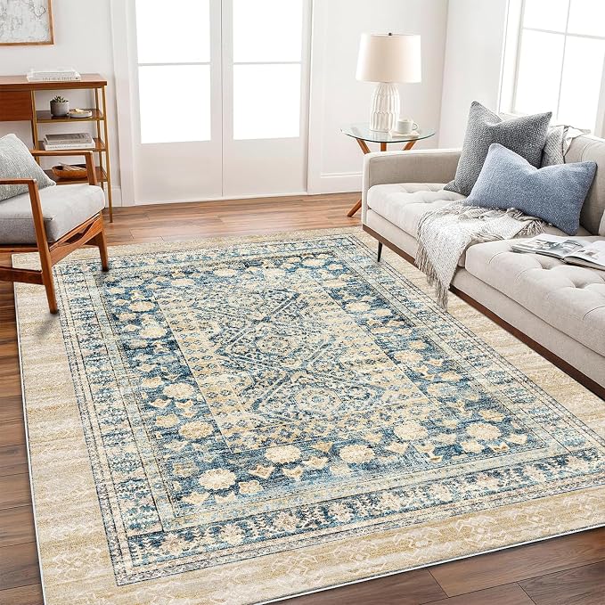 CHAMPLANT Washable Area Rug 4'x6' Vintage Traditional Floor Cover Foldable Thin Rugs Retro Kitchen Indoor Distressed Non Slip Carpet Floral Print Mat Bedroom Living Room