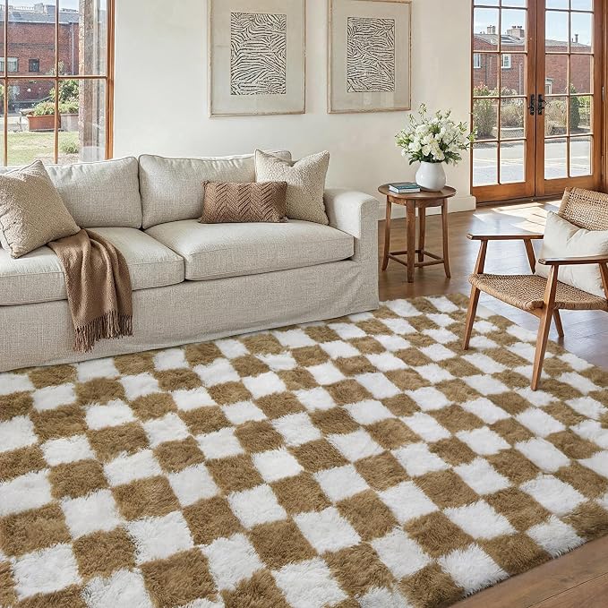 PureCozy 5x7 Area Rugs for Living Room Brown Soft Shag Checkered Large Rug Modern Washable Indoor Office Fuzzy Carpet Non-Slip Fluffy Rugs for Bedroom Nursery Dorm Playroom Home Aesthetic Decor