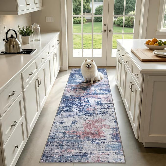 Sasttie 2x10 Soft Runner Rug for Entryway, Modern Abstract Washable Carpet for Hallway, Kitchen and Laundry Room, with Non-Slip Backing, Pink and Blue