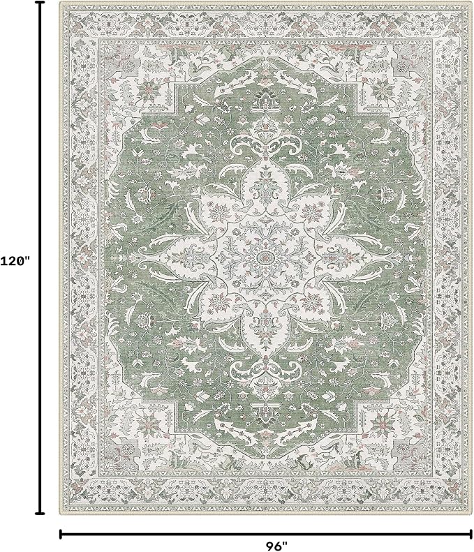 GENIMO 8X10 Washable Vintage Area Rugs for Living Room, Non-Slip Low Pile Chenille Print Rug, Soft Rugs for Bedroom Dining Room Home Office, Sage & Linen