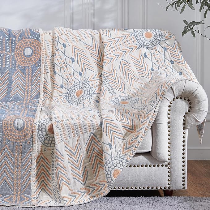 jinchan Boho 100% Cotton Muslin 50x60 Throw Blanket Lightweight 4-Layer Orange Multi Reversible Blanket Washable Breathable Decorative Geometric Striped Pattern Soft Comfy for Couch Bed All Seasons