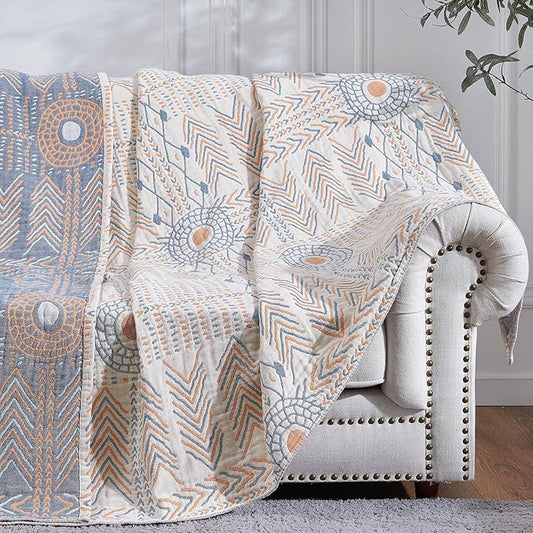jinchan Boho 100% Cotton Muslin Twin Size 60x80 Throw Blanket Lightweight 4-Layer Orange Reversible Blanket Washable Breathable Geometric Striped Pattern Soft Comfy for Couch Bed Decor All Seasons