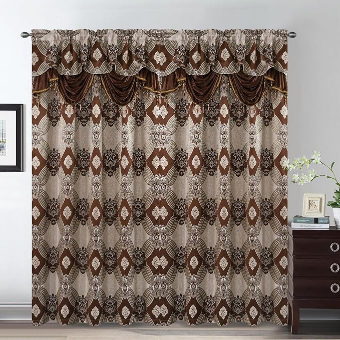 Petrichor Elegant Curtains with Gold Silver Threads 2 Panels Set - Luxury Window Treatment Attached Valance, Sheer Backing, and 2 Tie Backs for Bedroom and Living Room, 54x84 inches,Coffee