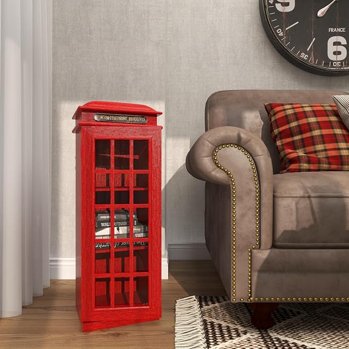 Deco 79 Wooden Vintage Telephone Booth Accent Cabinet, 11" x 9" x 30", Red | London telephone booth, storage cabinet, 3 shelves, red bookshelf