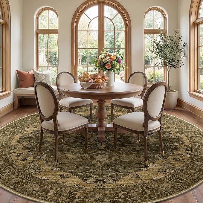 RELEANY Area Rugs Round 10ft Washable Non-Slip, Floral Vintage Distress Medallion Carpet for Living Room Bedroom Dining Room, Brown Dark Brown