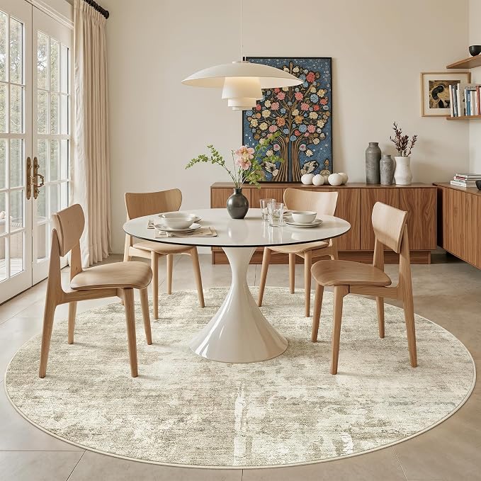 Soalmost 9x9 Beige Gray Round Rug 9ft Living Room Circle Rug Vintage Round Area Rug Non Slip Indoor Carpet for Apartment