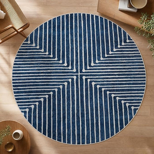 GLN Rugs Contemporary Collection - Machine Washable Area Rug, Contemporary Washable, Non Slip, Low Pile Chenille Rug, Living Room, Bedroom, Kitchen Rug (5'3" Round Lines Blue)